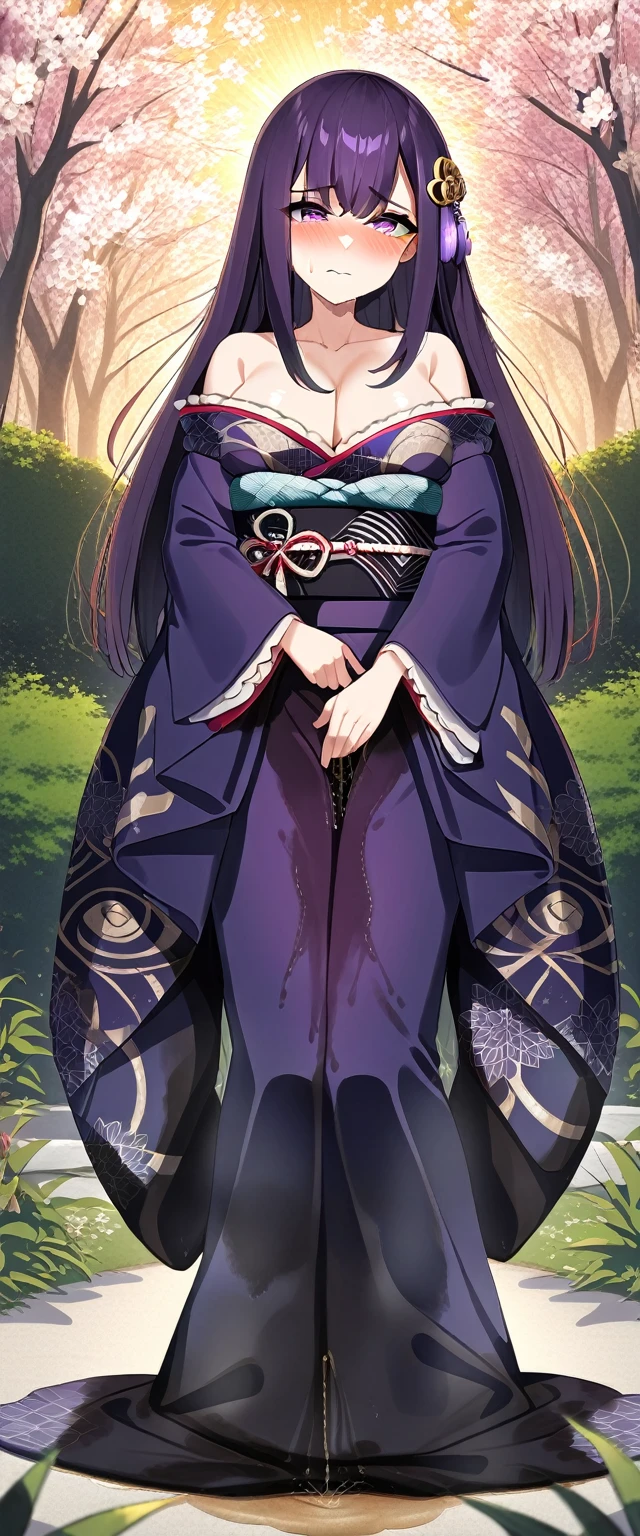(masterpiece:1.37), best quality, (extremely detailed:1.37), (1girl:1.5), woman, (mature:1.5), (adult:1.5), large breasts, very long hair, (straight hair:1.5), (very dark purple hair:1.5), purple eyes, (extremely detailed eyes:1.37), (furisode:2.0), desperation, (wetting self:2.0), standing, embarrassed, humiliation, blushing, angry, cherry blossoms, garden, (golden hour:1.5), full body