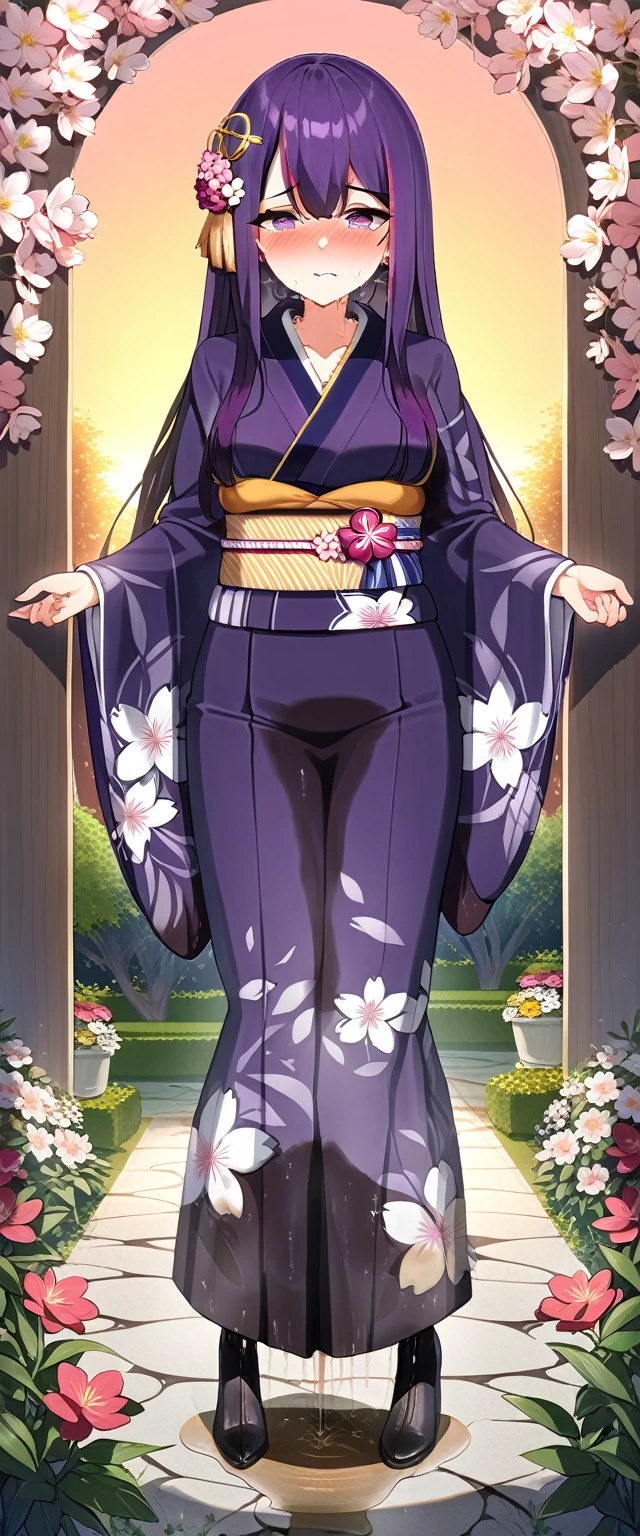 (masterpiece:1.37), best quality, (extremely detailed:1.37), (1girl:1.5), woman, (mature:1.5), (adult:1.5), large breasts, very long hair, (straight hair:1.5), (very dark purple hair:1.5), purple eyes, (extremely detailed eyes:1.37), (furisode:2.0), desperation, (wetting self:2.0), standing, embarrassed, humiliation, blushing, angry, cherry blossoms, garden, (golden hour:1.5), full body