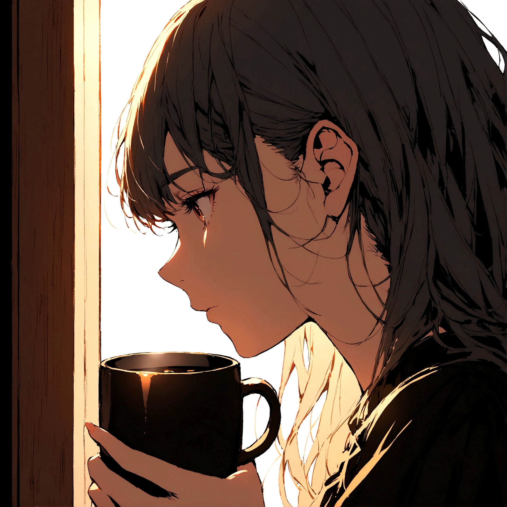 Simple background Woman holding coffee Window side profile