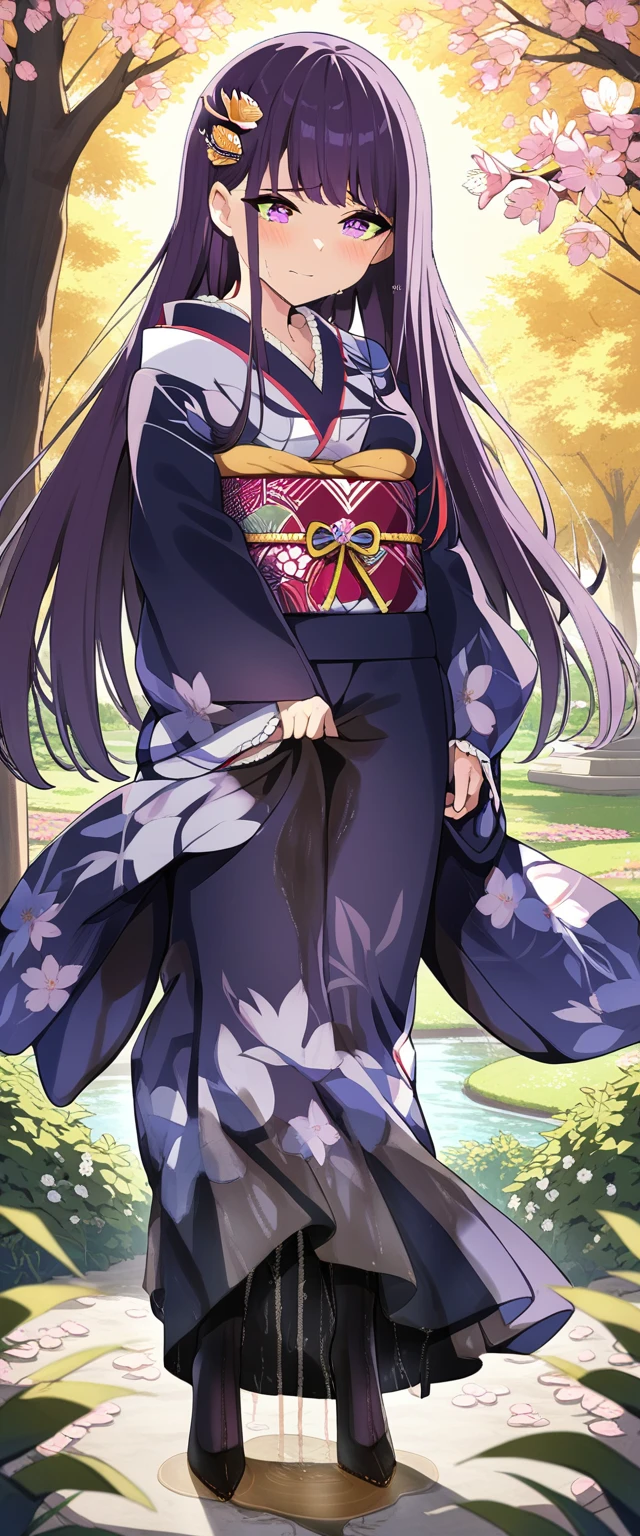 (masterpiece:1.37), best quality, (extremely detailed:1.37), (1girl:1.5), woman, (mature:1.5), (adult:1.5), large breasts, very long hair, (straight hair:1.5), (very dark purple hair:1.5), purple eyes, (extremely detailed eyes:1.37), (furisode:2.0), desperation, (wetting self:2.0), standing, embarrassed, humiliation, blushing, angry, cherry blossoms, garden, (golden hour:1.5), full body