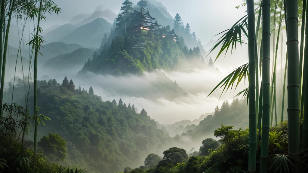 This photo depicts a small trail through a lush bamboo forest, stretching deep into the misty mountain landscape. The high mountains are covered with thick mist, creating a magical and poetic scene. Tall, vertical bamboo trees along the path create a natural fence, contributing to enhancing the natural beauty and tranquility of the area.