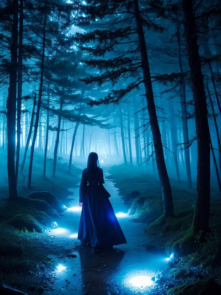 Blue Flame、ghost、Dark Forest、night、深night、Red eyes、Apparition、mysterious、lake、Foggy、turn around、spirit、Illusion、woman、