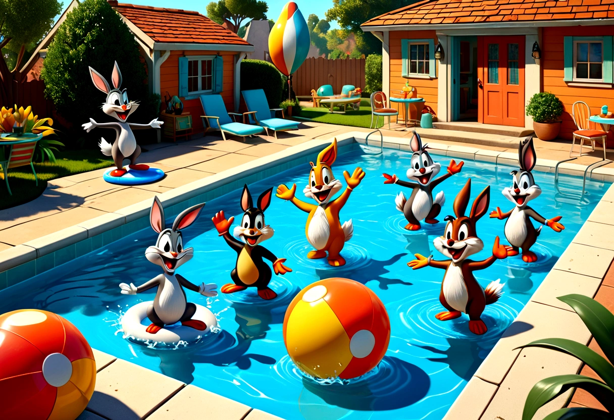 A group of Looney Tunes characters having a zany pool party, 1940s style cartoon, detailed animation, lively colors, humorous expressions, dynamic poses, wet splashes, sunlight reflections, retro aesthetic, whimsical atmosphere, (best quality, 4k, 8k, highres, masterpiece:1.2), ultra-detailed, (realistic, photorealistic, photo-realistic:1.37), vibrant colors, dynamic lighting, cartoon physics, exaggerated features, slapstick comedy, vintage cartoon style, animated water effects, rubber hose animation, dynamic camera angles