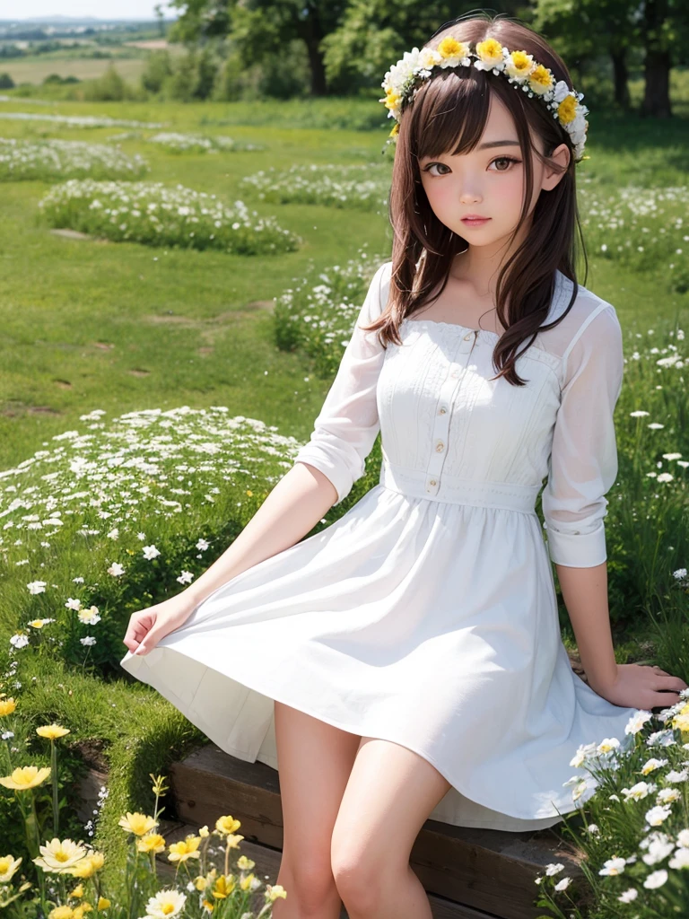 ((masterpiece, best quality)),1girl, solo, animal ears, rabbit, barefoot, skirt, sitting, rabbit ears, short sleeves, (teasing, shy, blushing: 1.3), looking at the audience, grass, short hair, gray hair, puff sleeves, outdoors, fluffy short sleeves, bangs, on the ground, full body, animal, white dress, sunlight, brown eyes, mottled sunlight, daytime,