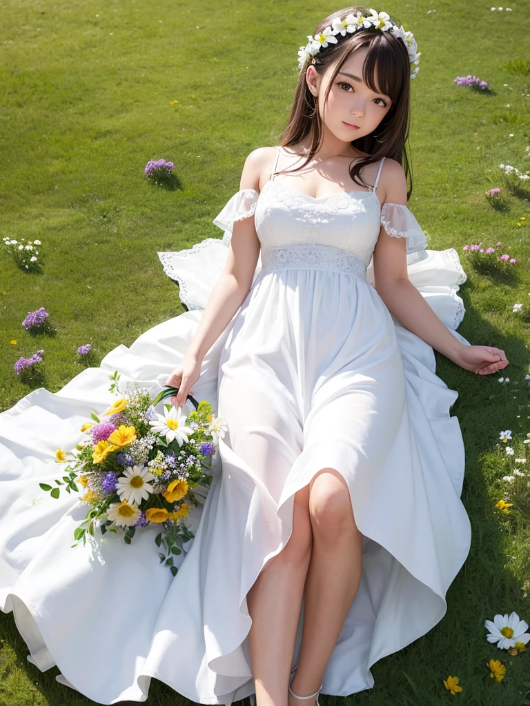 Me 100% with flowers and meadow white dress