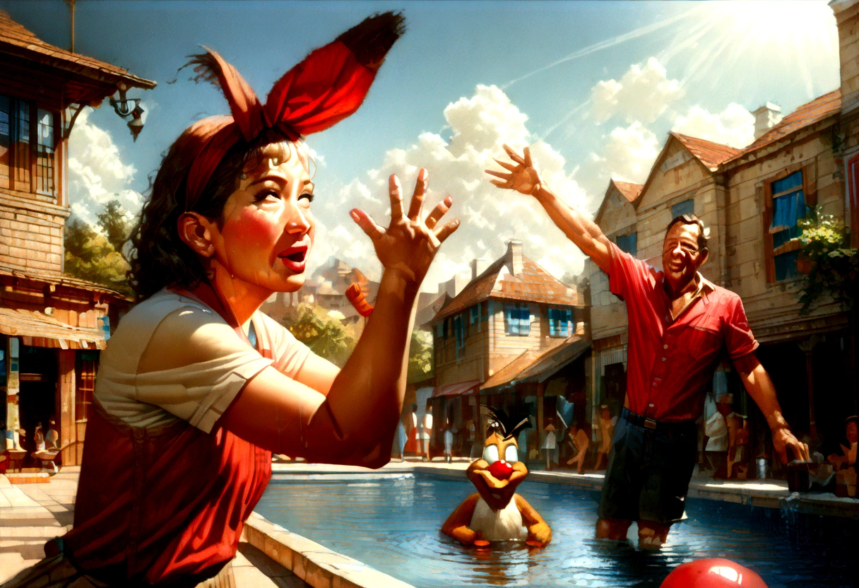 A group of Looney Tunes characters having a zany pool party, 1940s style cartoon, detailed animation, lively colors, humorous expressions, dynamic poses, wet splashes, sunlight reflections, retro aesthetic, whimsical atmosphere, (best quality, 4k, 8k, highres, masterpiece:1.2), ultra-detailed, (realistic, photorealistic, photo-realistic:1.37), vibrant colors, dynamic lighting, cartoon physics, exaggerated features, slapstick comedy, vintage cartoon style, animated water effects, rubber hose animation, dynamic camera angles