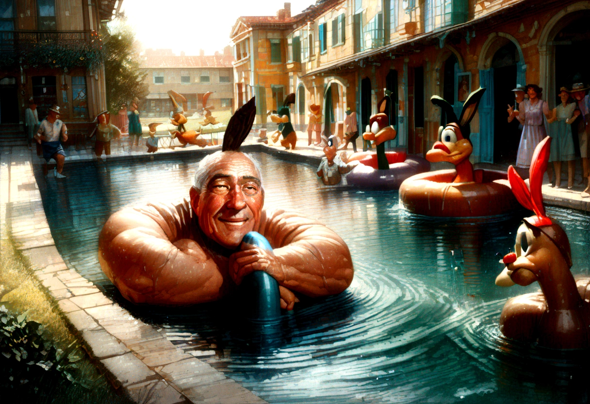 A group of Looney Tunes characters having a zany pool party, 1940s style cartoon, detailed animation, lively colors, humorous expressions, dynamic poses, wet splashes, sunlight reflections, retro aesthetic, whimsical atmosphere, (best quality, 4k, 8k, highres, masterpiece:1.2), ultra-detailed, (realistic, photorealistic, photo-realistic:1.37), vibrant colors, dynamic lighting, cartoon physics, exaggerated features, slapstick comedy, vintage cartoon style, animated water effects, rubber hose animation, dynamic camera angles
