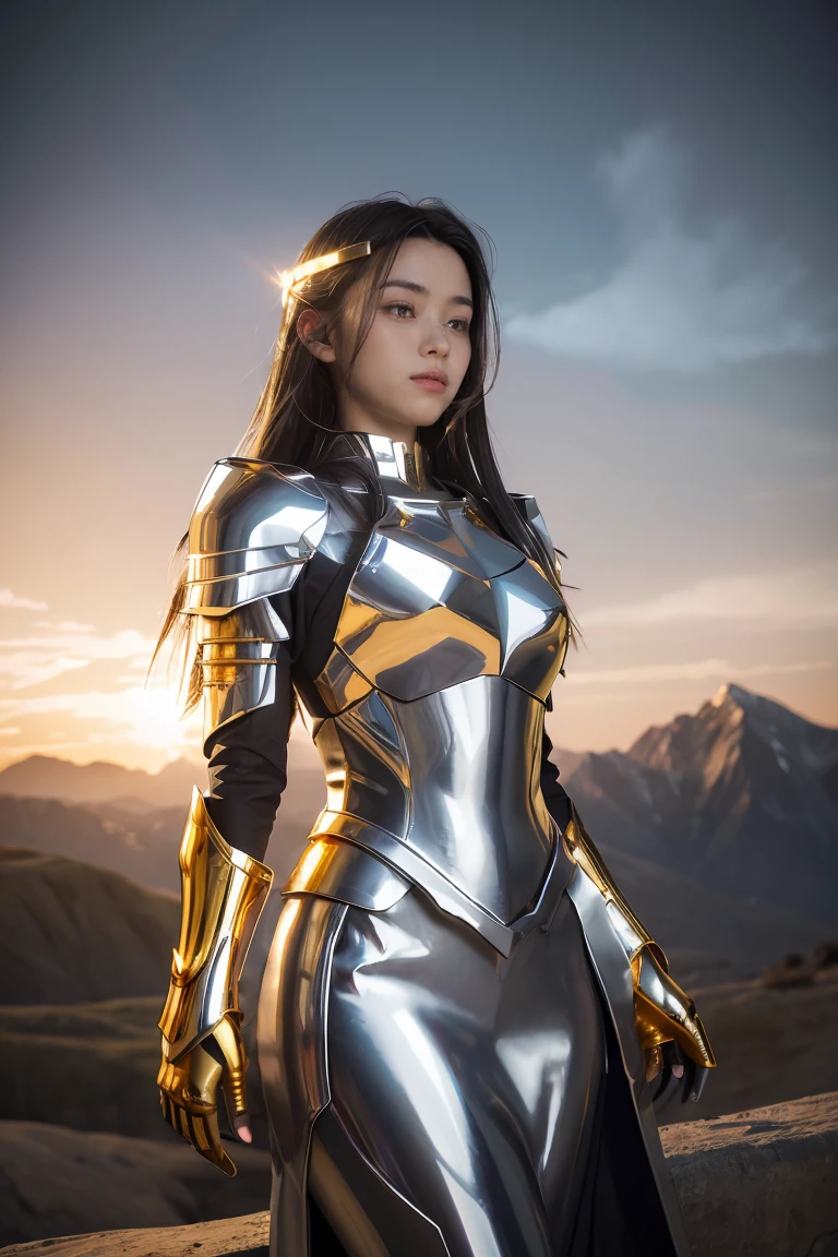 ((masterpiece, best quality, extremely detailed), volumetric lighting, ambient occlusion, colorful, glowing), 1girl, solo, young girl, (dark hair), long hair, halo, aura, sacred, goddess, cleric suit, (silver outfit with gold detailst:1.3), armor, outdoors, sunset, sky, clouds, space, (fantasy theme:1.2),