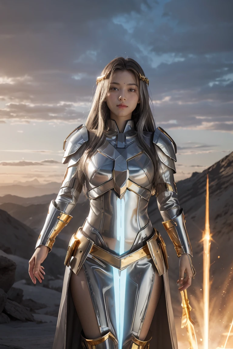 ((masterpiece, best quality, extremely detailed), volumetric lighting, ambient occlusion, colorful, glowing), 1girl, solo, young girl, (dark hair), long hair, halo, aura, sacred, goddess, cleric suit, (silver outfit with gold detailst:1.3), armor, outdoors, sunset, sky, clouds, space, (fantasy theme:1.2),