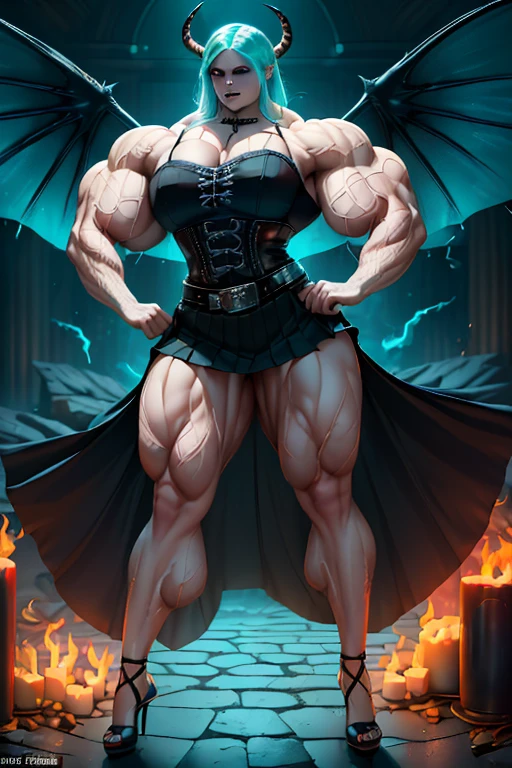 (((((Massive, beautiful, buff, pale white skinned muscular woman with demon wings, cyan hair, black lipstick, ginormous bulky muscles, behind fire and wearing a gothic blouse with beautiful gothic skirt))))), (close view), (massive muscles), (hyper muscle), long beachy hair, ((gothic blouse)), purple eyes, (spiky gauntlets), (demon wings), choker, ((beautiful black gothic skirt with gothic belt)), black high heels, (on top of a dilapidated building), (Dark and moody universe:1.3), (closed smile), night, (massive arms)