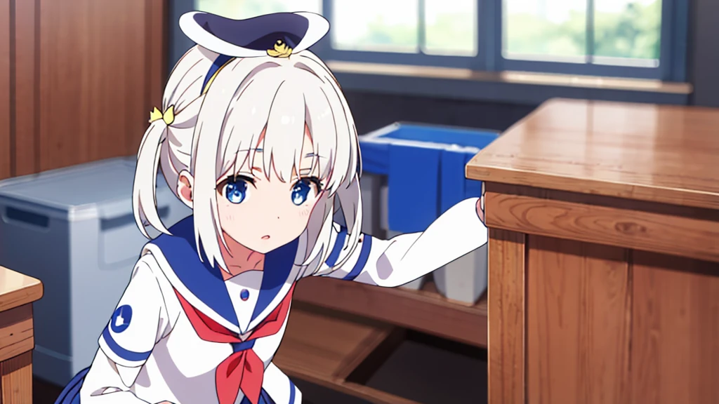 Extremely detailed great image quality 1 white-haired girl with ribbon decorations on her head, blue eyes at school navy blue miniskirt Women with white stockings at home