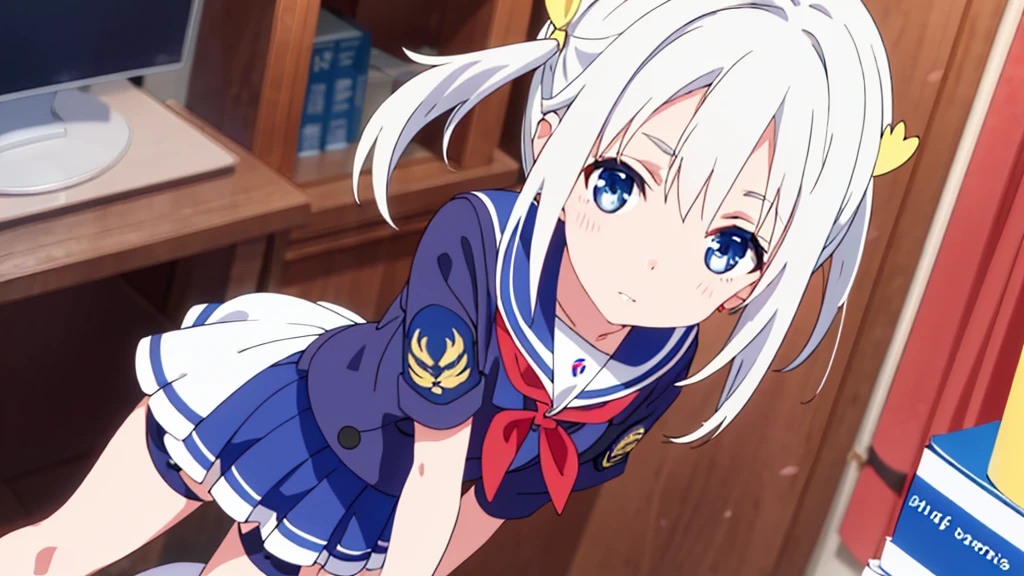 Extremely detailed great image quality 1 white-haired girl with ribbon decorations on her head, blue eyes at school navy blue miniskirt Women with white stockings at home
