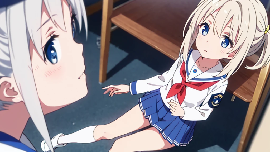 Extremely detailed great image quality 1 white-haired girl with ribbon decorations on her head, blue eyes at school navy blue miniskirt Women with white stockings at home