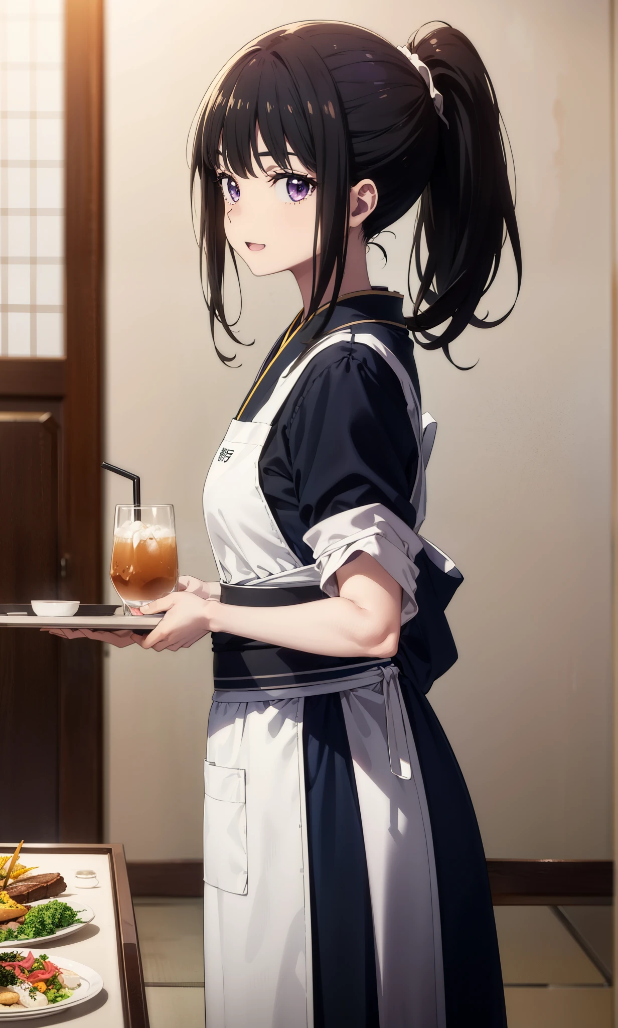 Takiuchikami, Long Hair, bangs, ponytail, Black Hair, (Purple eyes:1.1),smile,Open your mouth,
break japanese clothes, Blue Kimono, apron, waist apron, waitress,White socks,whole body,So that it can be included in the illustration,food, drink, Table Cleaning, tray, tray in one hand,Walking,
break indoors, hostel,
break looking at viewer, whole body,
break (masterpiece:1.2), Highest quality, High resolution, unity 8k wallpaper, (figure:0.8), (Beautiful attention to detail:1.6), Highly detailed face, Perfect lighting, Highly detailed CG, (Perfect hands, Perfect Anatomy),