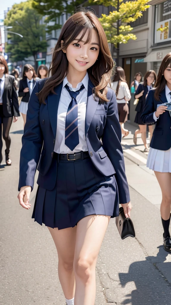 8K,Highest quality, masterpiece, Super detailed, 超High resolution, Realistic, RAW Photos, Absurd, The absolute solution, One girl, whole body, View your viewers,Young and beautiful woman in Japan, Super cute face, Attractive person, Large Breasts,Long Bob Hair,smile,(school uniform:1.3),Beautiful Eyes,(the wind is strong:1.3), (Walking down a crowded street with a smile on your face.:1.3),Glossy Lips, Double eyelids on both eyes, Natural Makeup, Long eyelashes, shiny smooth light brown Long Bob Hair, Asymmetrical bangs, Shiny skin, Center image, High resolution, Attention to detail, Detailed hairstyle, Detailed face, Great cinema lighting, Lively, Ultra-realistic, Perfect limbs, Perfect Anatomy