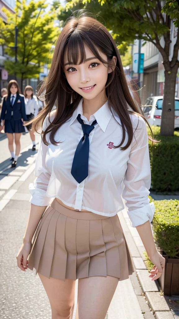 8K,Highest quality, masterpiece, Super detailed, 超High resolution, Realistic, RAW Photos, Absurd, The absolute solution, One girl, whole body, View your viewers,Young and beautiful woman in Japan, Super cute face, Attractive person, Large Breasts,Long Bob Hair,smile,(school uniform:1.3),Beautiful Eyes,(the wind is strong:1.3), (Walking down a crowded street with a smile on your face.:1.3),Glossy Lips, Double eyelids on both eyes, Natural Makeup, Long eyelashes, shiny smooth light brown Long Bob Hair, Asymmetrical bangs, Shiny skin, Center image, High resolution, Attention to detail, Detailed hairstyle, Detailed face, Great cinema lighting, Lively, Ultra-realistic, Perfect limbs, Perfect Anatomy