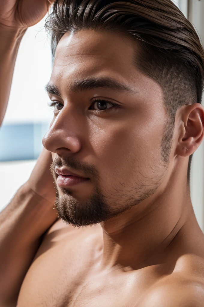 (8K、RAWE Photo、Highest quality、masterpiece:1.2)、(Real、Photorealistic:1.37)、Super detailed、Ultra-high resolution、1 male、Beautiful detailed face、(Feather Cut: 0.6)、Professional Lighting、The lighting is bright、Actor、model、Daytime、bright , simple background ,Simple Background、Slender、beard、Face close-up、from the front、True Face、all back、Two Block、40s、40s男性、