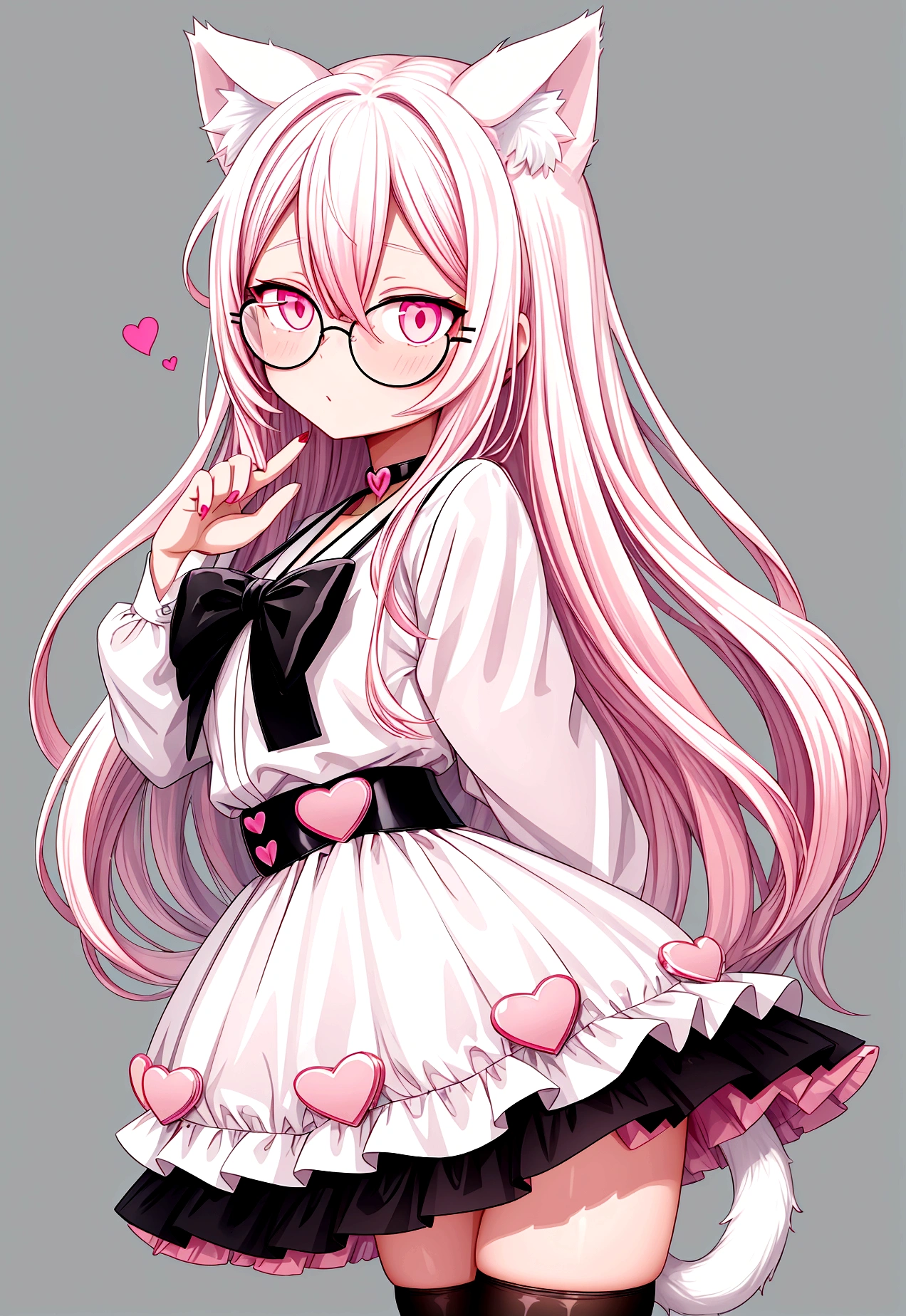 I have white pink hair, cat ears, A good, my face is super red, black glasses, pink heart eyes, a brazil, a skirt that has black straps, black stockings, White shoes, a cat tail, a very shy girl