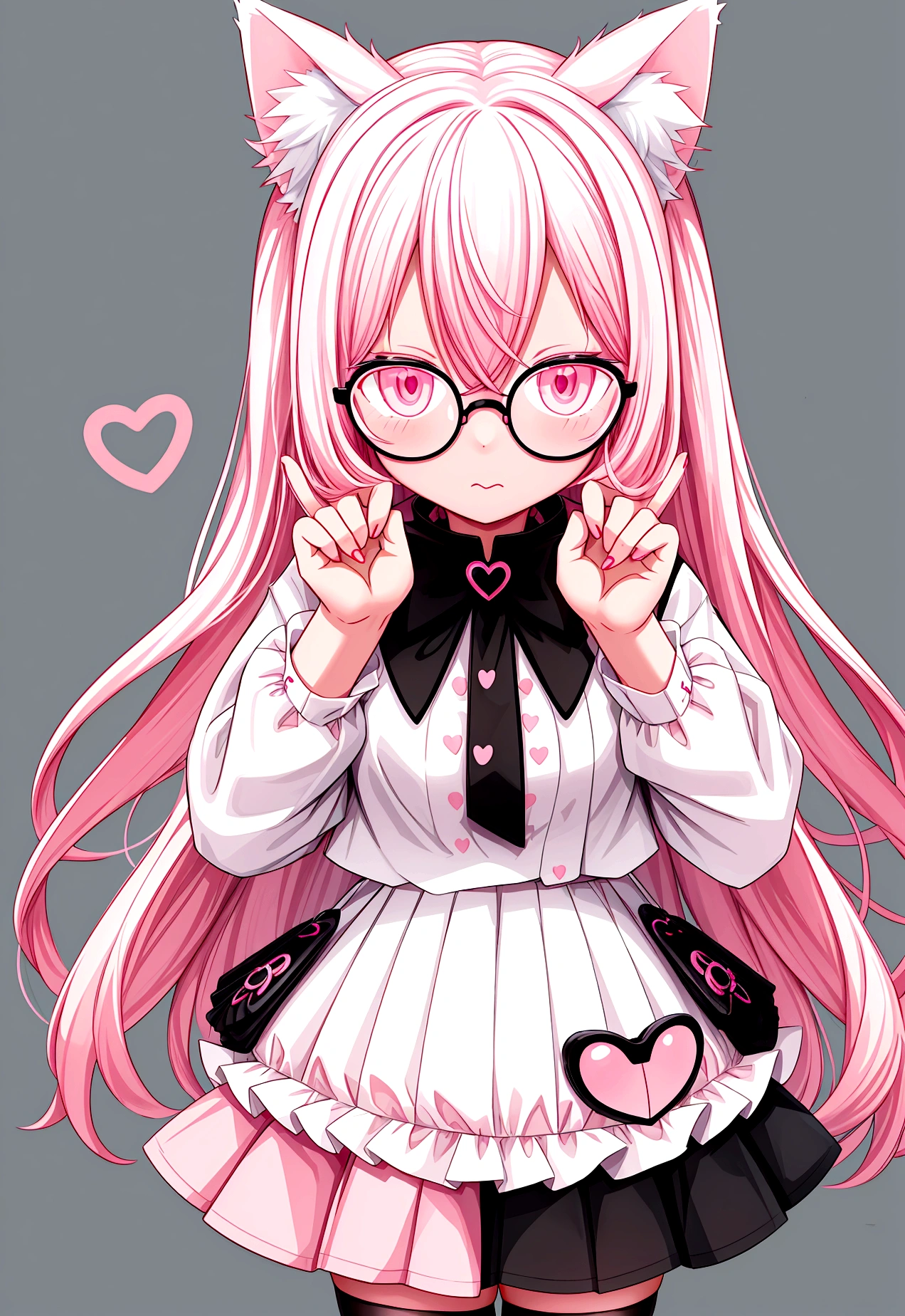 I have white pink hair, cat ears, A good, my face is super red, black glasses, pink heart eyes, a brazil, a skirt that has black straps, black stockings, White shoes, a cat tail, a very shy girl 