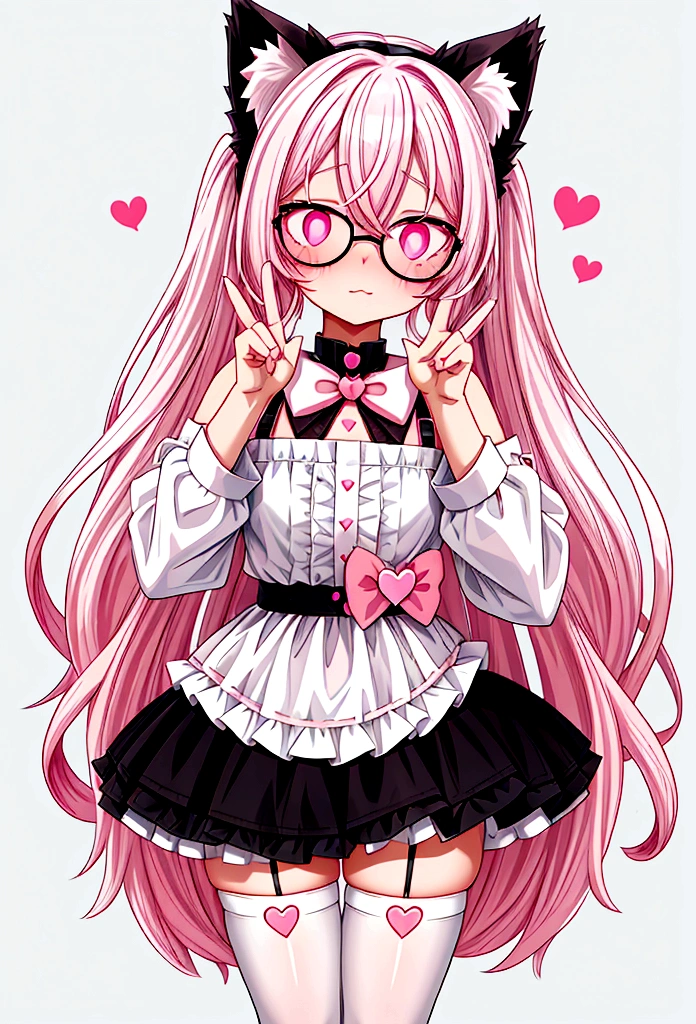 I have white pink hair, cat ears, A good, my face is super red, black glasses, pink heart eyes, a brazil, a skirt that has black straps, black stockings, White shoes, a cat tail, a very shy girl
