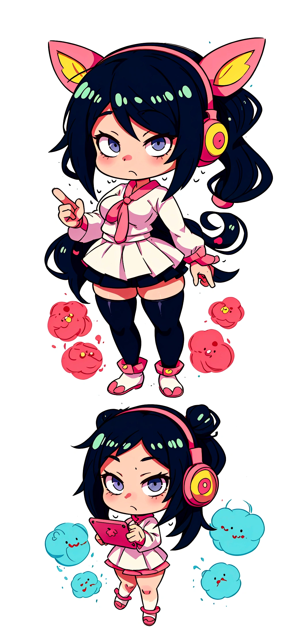 cartoon girl with headphones and a tablet pointing at something, full body!, in an anime style, full_body!!, ecchi anime style, with headphones, with head phones, chibi style, cel shaded!!!, unknown artstyle, thicc, jaidenanimations, chibi, anime moe artstyle, holding a pudica pose