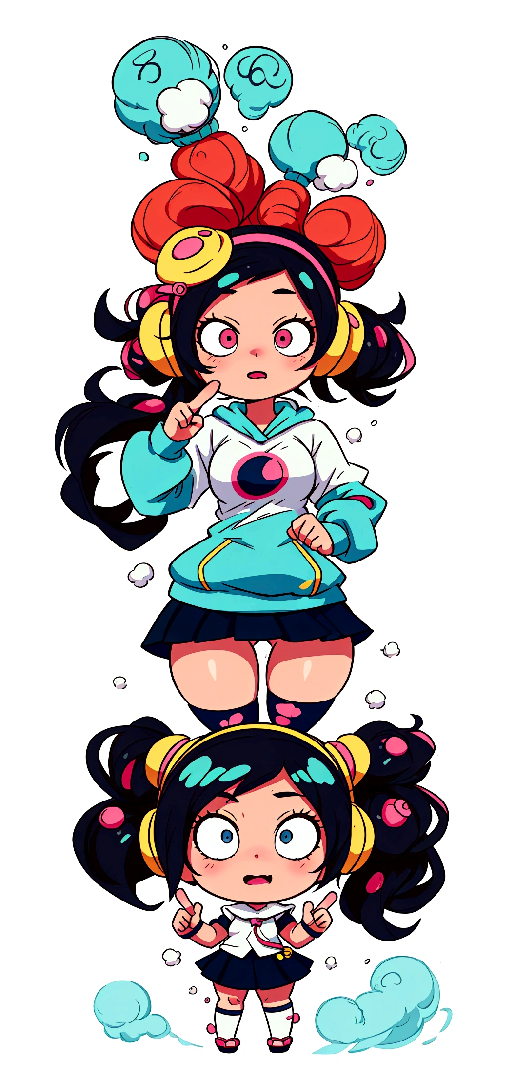 cartoon girl with headphones and a tablet pointing at something, full body!, in an anime style, full_body!!, ecchi anime style, with headphones, with head phones, chibi style, cel shaded!!!, unknown artstyle, thicc, jaidenanimations, chibi, anime moe artstyle, holding a pudica pose