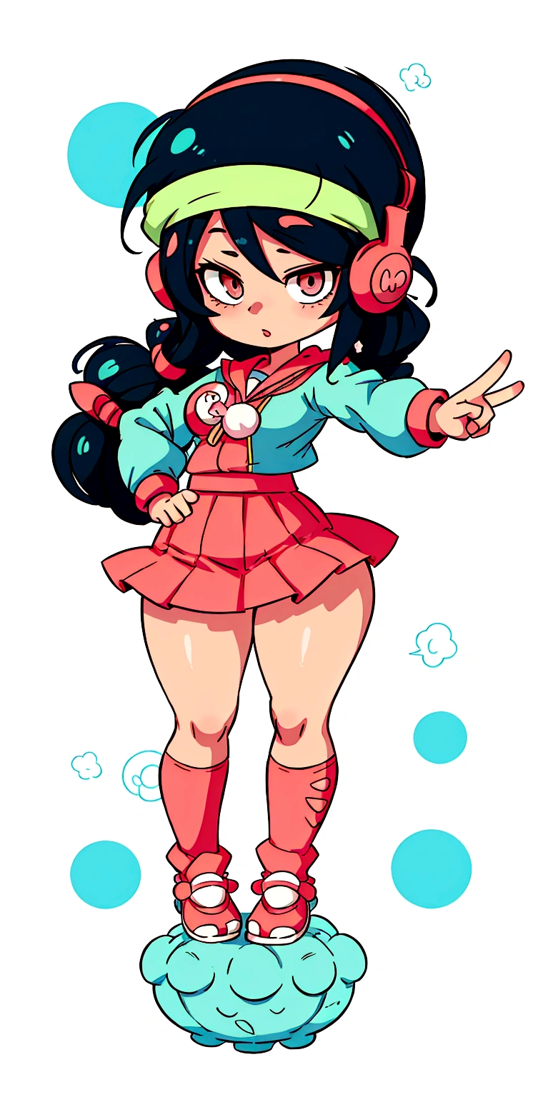 cartoon girl with headphones and a tablet pointing at something, full body!, in an anime style, full_body!!, ecchi anime style, with headphones, with head phones, chibi style, cel shaded!!!, unknown artstyle, thicc, jaidenanimations, chibi, anime moe artstyle, holding a pudica pose