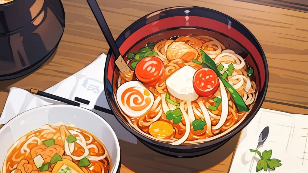 ramen、An illustration、どんぶりに入っているramen、On the table、１t、Before eating、thimble