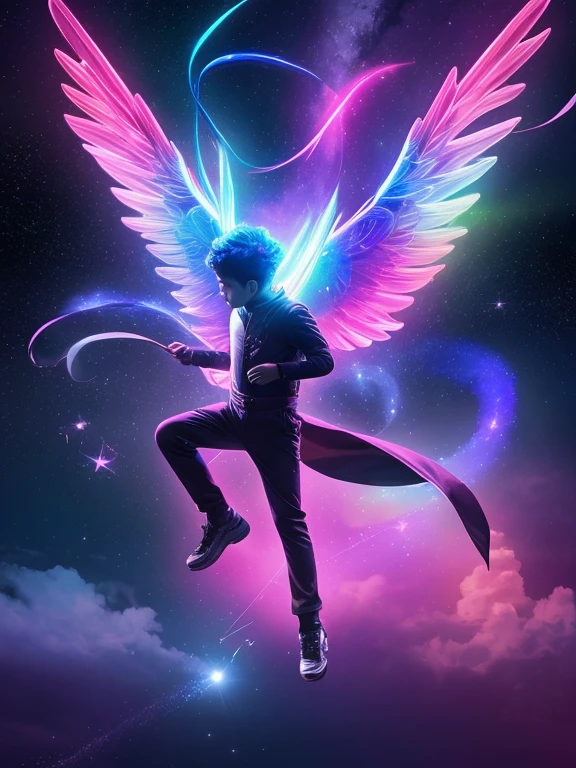 A dreaming boy launches a space flying kite in the form of a magical bird that flies into the world of happiness. beautiful and fabulous . stardust, vortices, filaments, fibers, fractals, energies, auras. bright juicy colors, ultra quality, 4048k,poster,@spacio,dark botanical,ultrafine, realistic, ultra detailed,neon