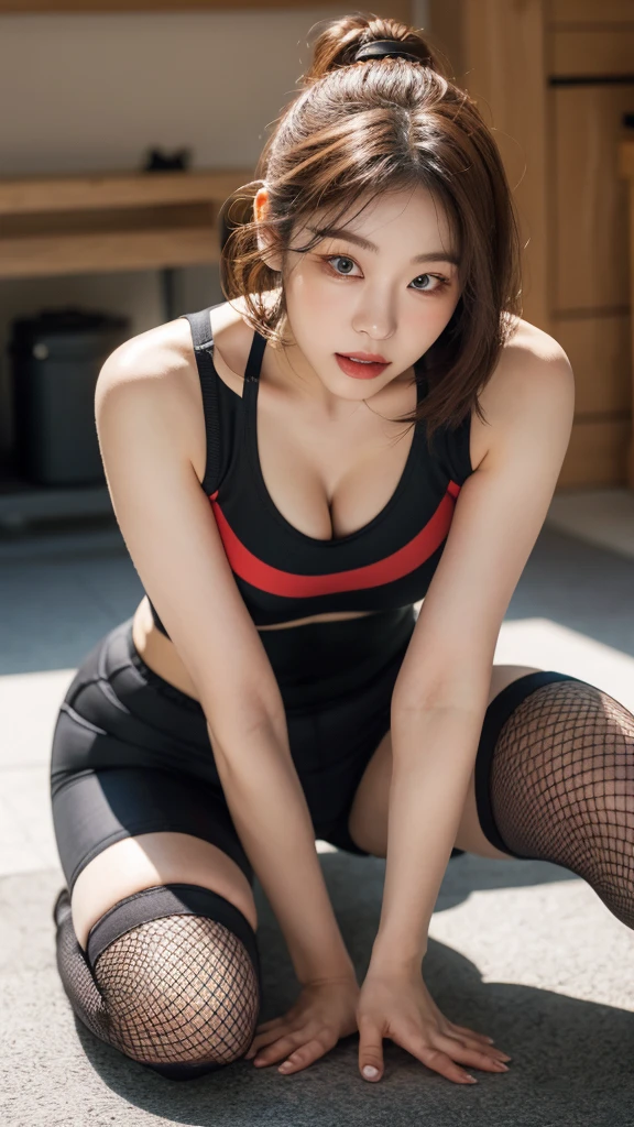 Highly detailed CG Unity 8K wallpapers,top Quority,Super detailed,tmasterpiece,realisticlying,photograph realistic,Very detailed cute girl,25 age old,musculature,Microabs,Round eyes,peeping at the viewer,Be red in the face,parted lip,Half-body shooting,
track suit , gym room,black fishnet stocking , short hair