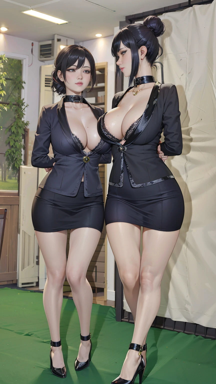Office, desk, computer screen,( large window), city view, full body,((2 girls)),(walking ),((side by side)),((1 girl Body facing forward)),((other girl Body back facing forward)), bun,Shy smile,black business suit with wide open collar, black collar, ((huge breast:1.4)),((Half the areola is exposed at the neckline)),The neckline is wide open,arms turned back behind her back, hands behind her back in an anti-prayer posture, Wrists tied together by a bracelet, the middle of the wrist hung by a chain behind the neck collar, small waist, great hips, black miniskirt, garters, black stockings, black stilettos