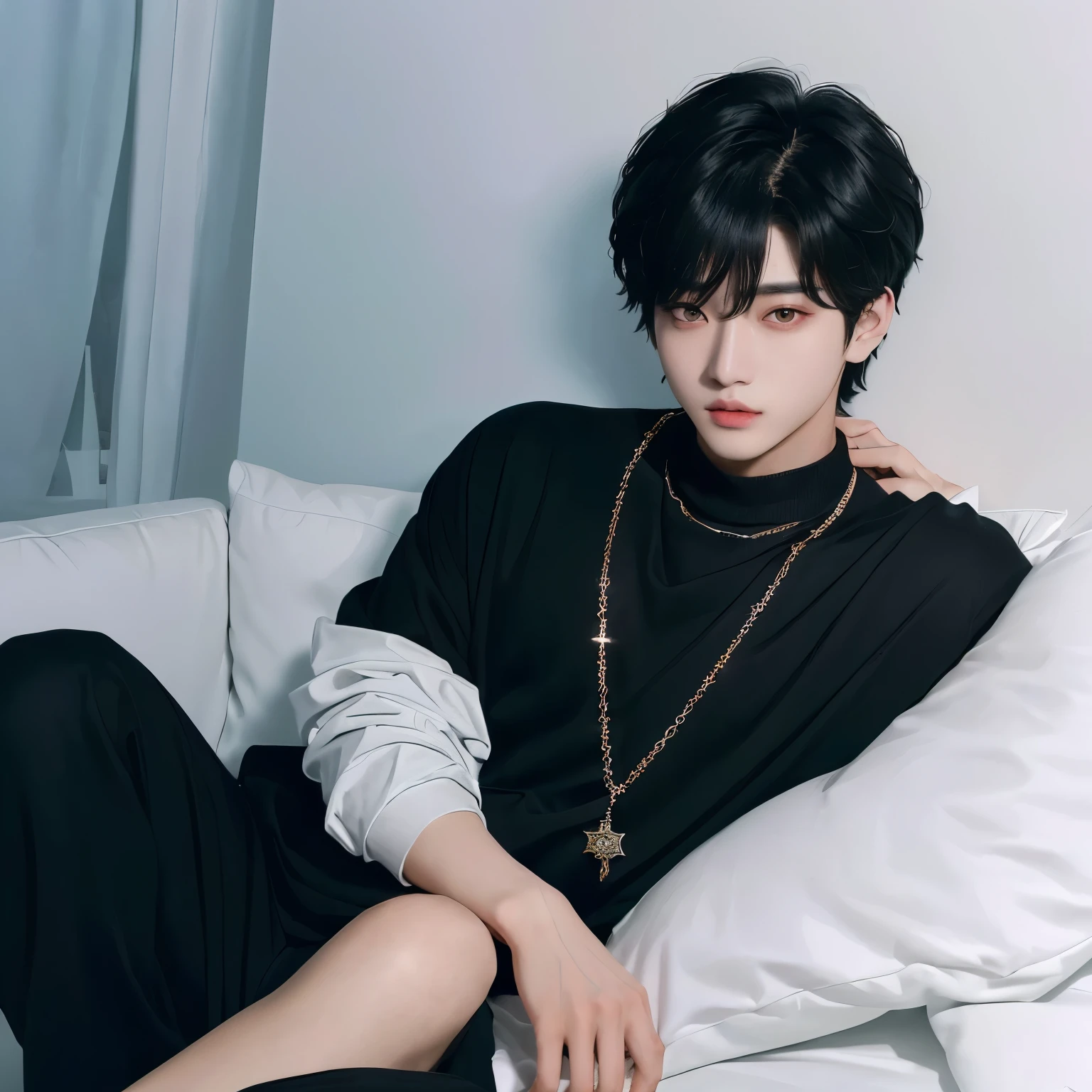 Arabian Asian man wearing a black sweater and a chain necklace, The boy has short black hair, male Ulzzang, Hyuntae, Short hair, Jungkook, Kim Do-young, Cai Xukun, Hong Jun hyung, Ulzzang, black haired yoongi, 1. The thin face of a 7-year-old boy, Kim Tae-jun, Inspired by Kun Kang