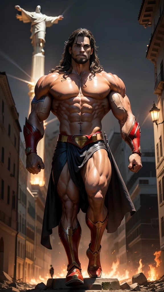 Image of muscular DC COMICS Superman, human body, human anatomy, holding a dumbbell with his right hand, left hand closed, costume identical to that of DC COMICS, with cyborg details, showing full body, perfect face, perfect boots, laser beams coming out from your eyes, highly detailed, super definition, 8k, showing the statue of Christ the Redeemer in the city of Rio de Janeiro January in flames. Cinematic image.