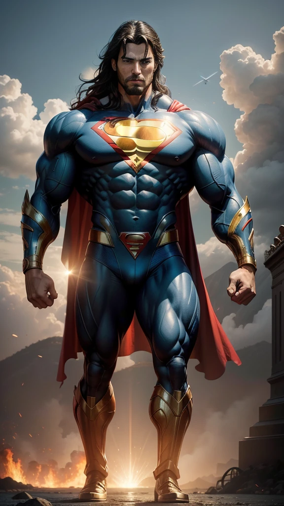 Image of muscular DC COMICS Superman, human body, human anatomy, holding a dumbbell with his right hand, left hand closed, costume identical to that of DC COMICS, with cyborg details, showing full body, perfect face, perfect boots, laser beams coming out from your eyes, highly detailed, super definition, 8k, showing the statue of Christ the Redeemer in the city of Rio de Janeiro January in flames. Cinematic image.
