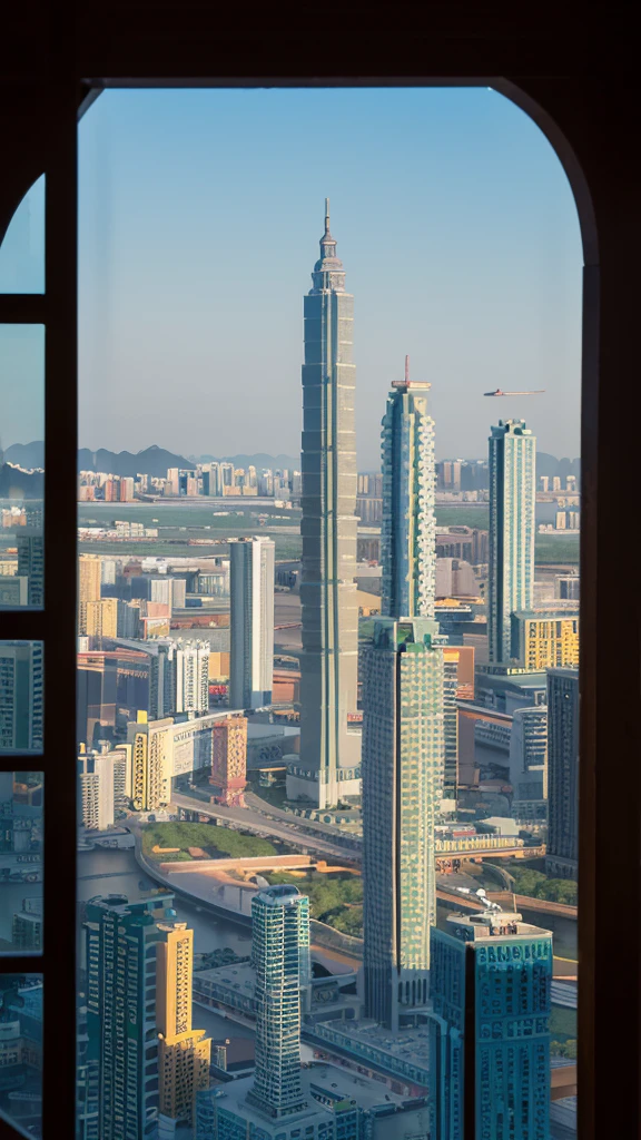 Silhouettes of modern high-rise buildings, Geometric lines of window frames and architectural details, Macau Tower and other landmark buildings, Use flat blocks of color to create texture, Use simple graphics and shapes to represent objects, Simple、Vivid color combination, UHD, masterpiece, high details, best quality, 8k