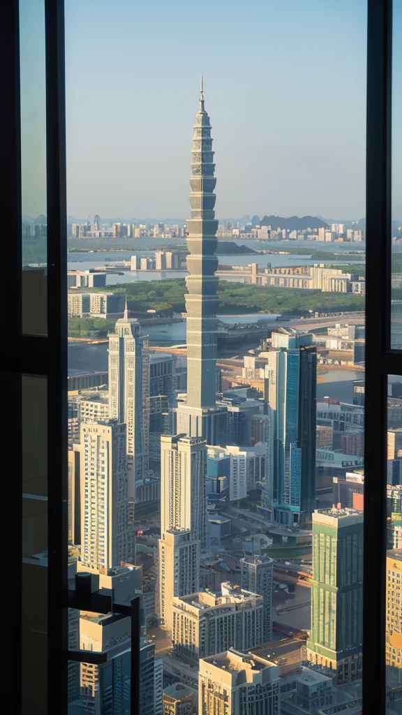 Silhouettes of modern high-rise buildings, Geometric lines of window frames and architectural details, Macau Tower and other landmark buildings, Use flat blocks of color to create texture, Use simple graphics and shapes to represent objects, Simple、Vivid color combination, UHD, masterpiece, high details, best quality, 8k