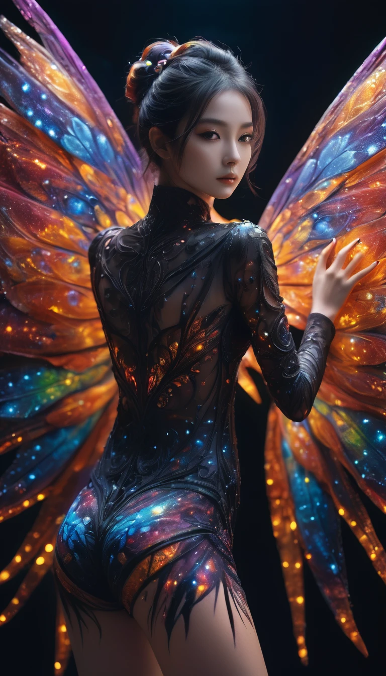 Masterpiece, high quality, 1girl, extreme detailed, colorful, highest detailed, (chiffon, body painting:1.2), 8k, digital art, macro photo, quantum dots, sharp focus, dark shot, cinematic, Microworld, (upper thighs shot), front view,