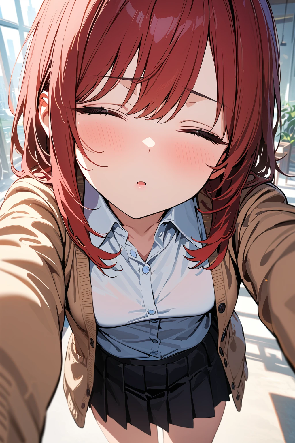 (masterpiece, best quality:1.5), (ultra detailed, high resolution, 8k, beautiful detailed, UHD, best anatomy), red hair, small breasts, 1 girl, closed eyes, kissy face, A hopeful background, front view, cardigan, flared skirt, business shirt, Come closer to pov