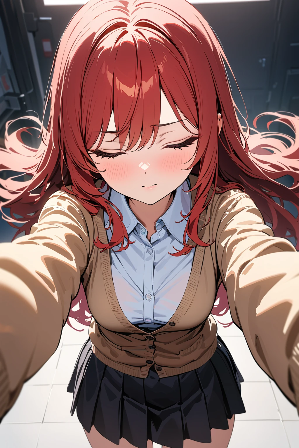 (masterpiece, best quality:1.5), (ultra detailed, high resolution, 8k, beautiful detailed, UHD, best anatomy), red hair, small breasts, 1 girl, closed eyes, kissy face, A hopeful background, front view, cardigan, flared skirt, business shirt, Come closer to pov