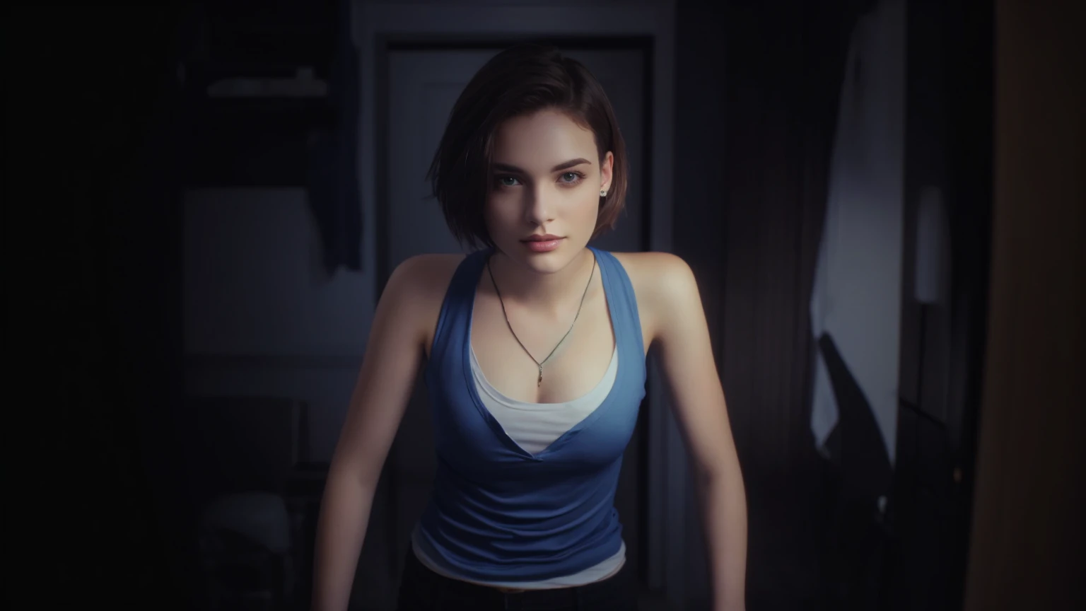 woman, short hair, blue shirt, looking forward