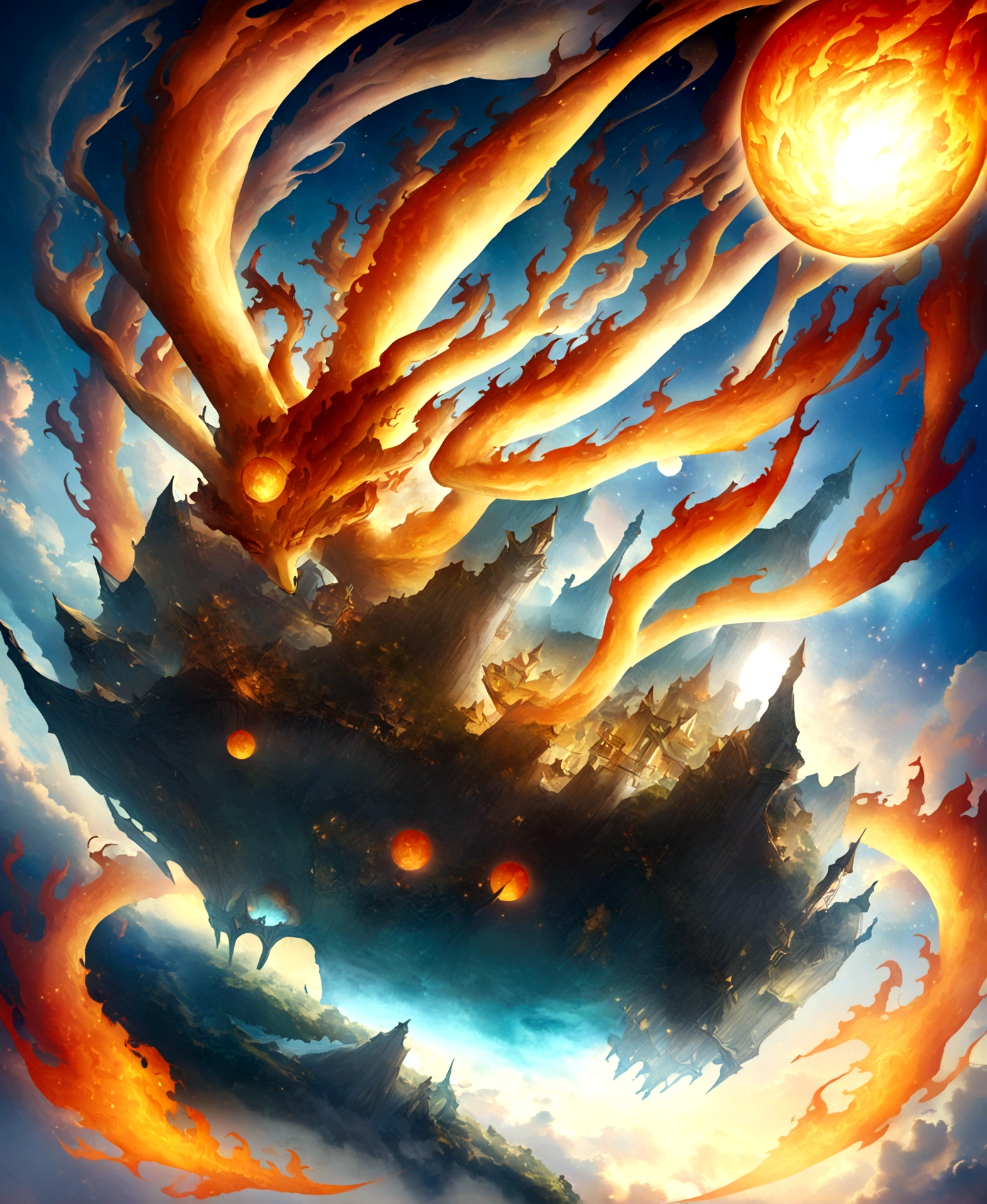 A fantastical depiction of the fiery sphere in the sky and landscape, with magical, otherworldly elements and vibrant, imaginative details.