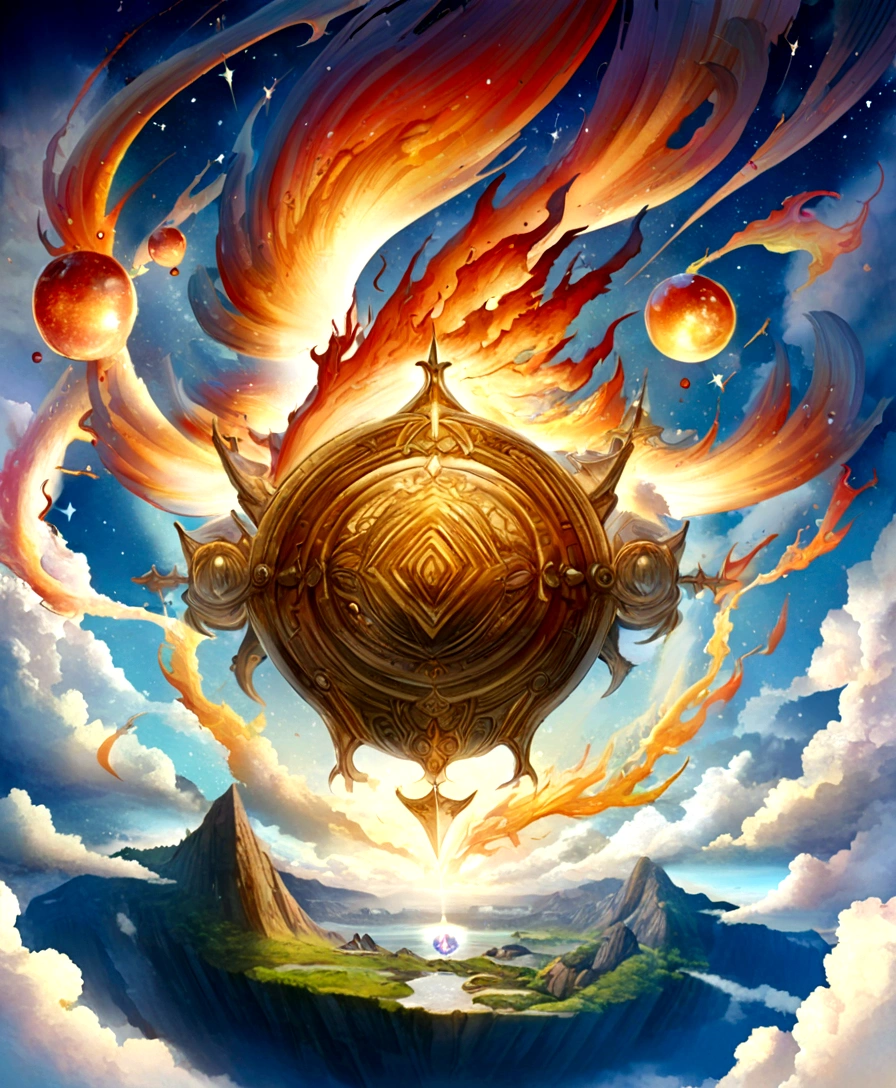 A fantastical depiction of the fiery sphere in the sky and landscape, with magical, otherworldly elements and vibrant, imaginative details.