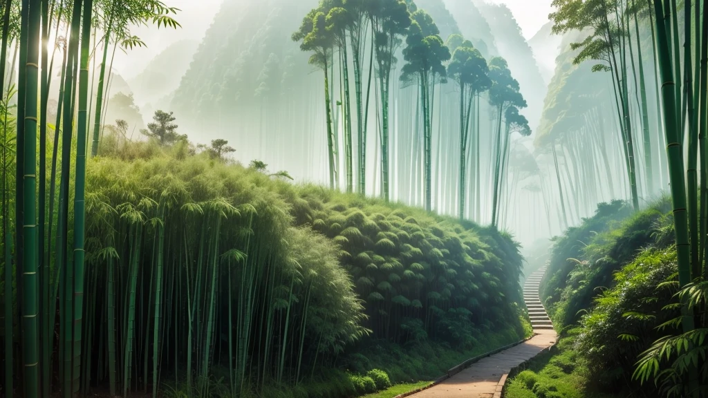 This photo depicts a small trail through a lush bamboo forest, extending deep into the mountain landscape. The high mountains are covered with thick mist, creating a magical and poetic scene. Tall, vertical bamboo trees along the path create a natural fence, contributing to enhancing the natural beauty and tranquility of the area.