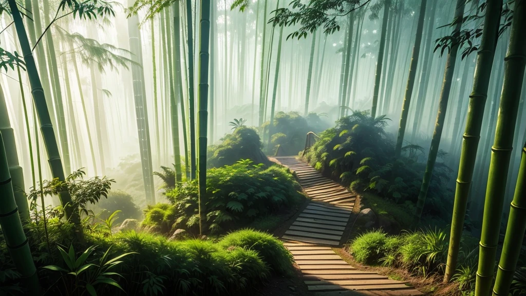 This photo depicts a small trail through a lush bamboo forest, extending deep into the mountain landscape. The high mountains are covered with thick mist, creating a magical and poetic scene. Tall, vertical bamboo trees along the path create a natural fence, contributing to enhancing the natural beauty and tranquility of the area.