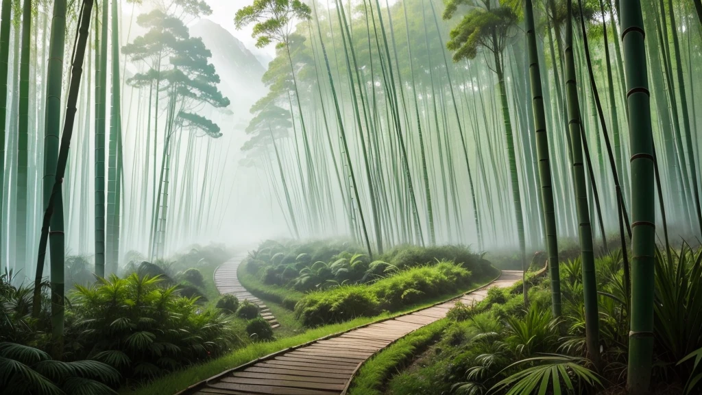 This photo depicts a small trail through a lush bamboo forest, extending deep into the mountain landscape. The high mountains are covered with thick mist, creating a magical and poetic scene. Tall, vertical bamboo trees along the path create a natural fence, contributing to enhancing the natural beauty and tranquility of the area.