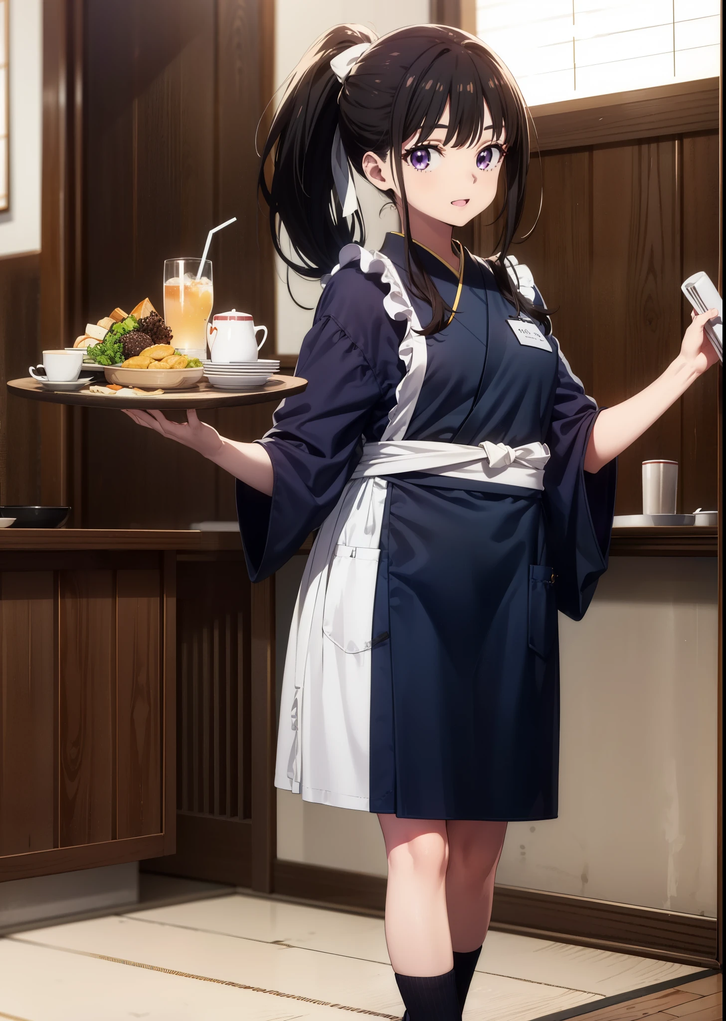 Takiuchikami, Long Hair, bangs, ponytail, Black Hair, (Purple eyes:1.1),smile,Open your mouth,
break japanese clothes, Blue Kimono, apron, waist apron, waitress,White socks,whole body,So that it can be included in the illustration,food, drink, Table Cleaning, tray, tray in one hand,Walking,
break indoors, hostel,
break looking at viewer, whole body,
break (masterpiece:1.2), Highest quality, High resolution, unity 8k wallpaper, (figure:0.8), (Beautiful attention to detail:1.6), Highly detailed face, Perfect lighting, Highly detailed CG, (Perfect hands, Perfect Anatomy),