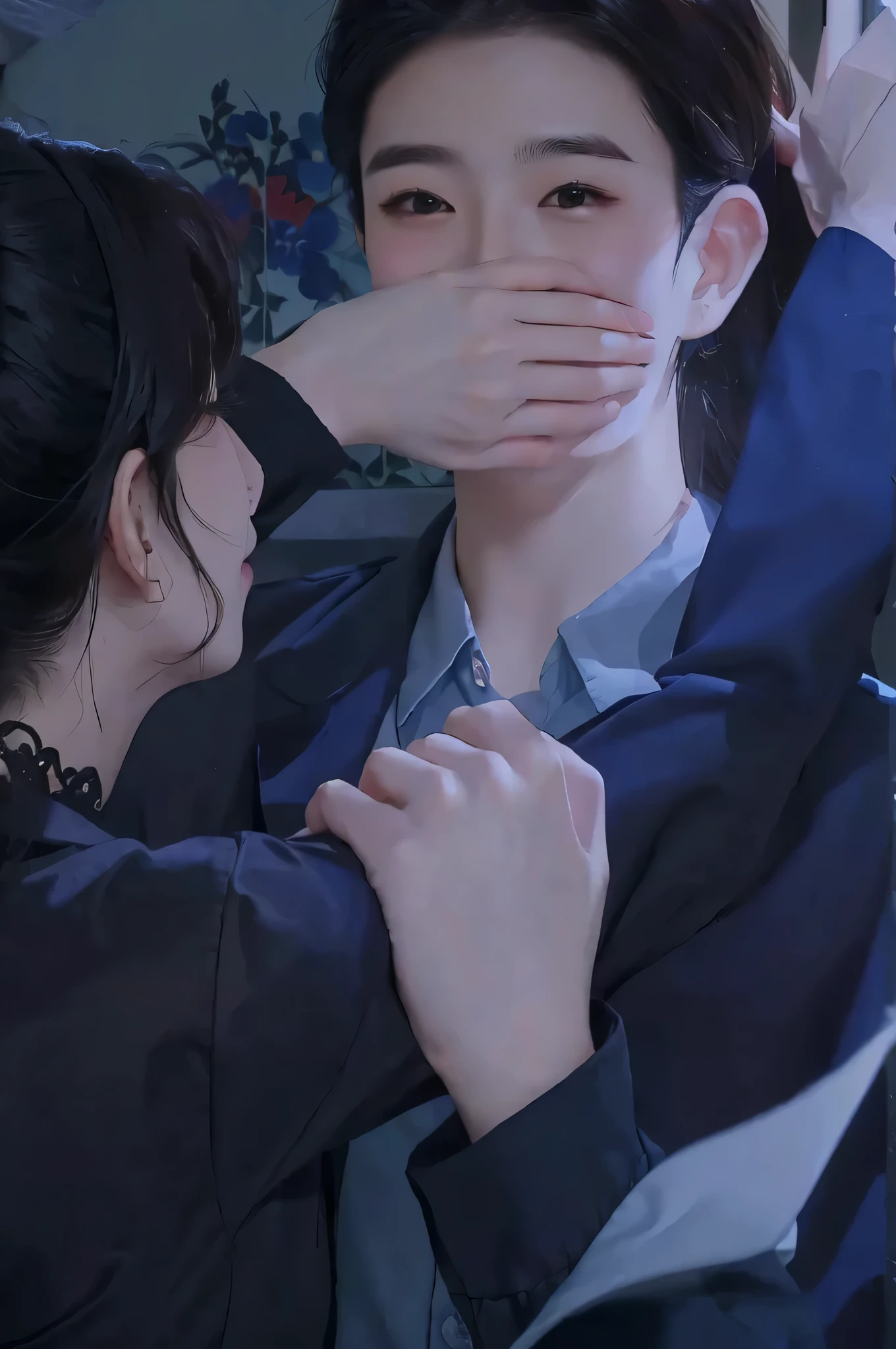 Animated couple covering their mouths with their hands and hugging each other, artwork in the style of Guweizu, High quality fan art, Works inspired by Bian Chomin, by Jay Yang, put one's hand on his cheek, Guweizu, official fanart, In Bowater's art style, Inspired by Jang Han, Put your hands on your face, comic book, kaishkun