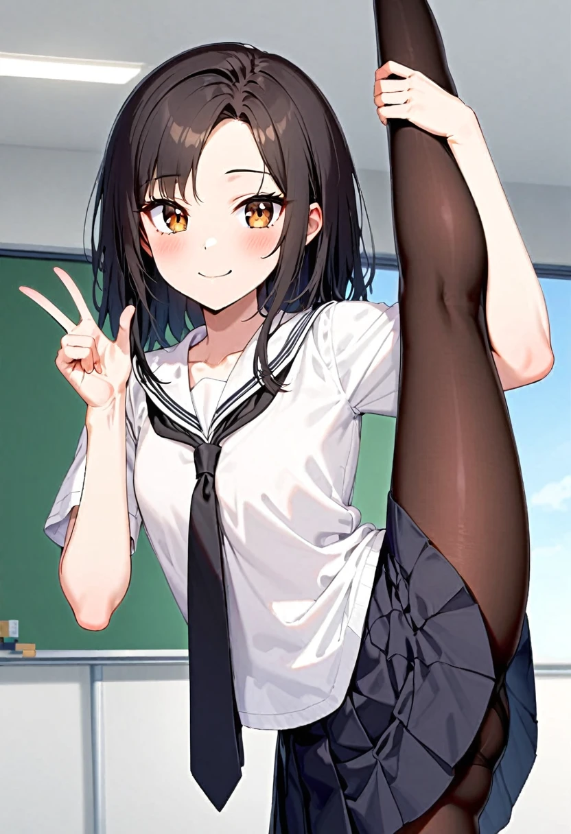 A teenage girl, 16-years-old, solo, Korean, white skin, loose wavy black hair, brown eyes, white blouse, black necktie, standing_split, black pleated skirt, black pantyhose, playful smile, cheerful, classroom