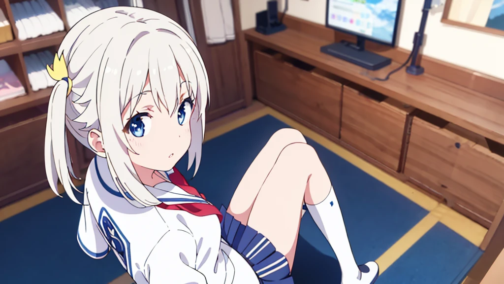 (masterpiece), classroom, 1girl, medium hair, white hair, (aqua eyes:1.2), (white sailor collar:1.2), serafuku, white skirt, pleated skirt nsfw show panties open legs