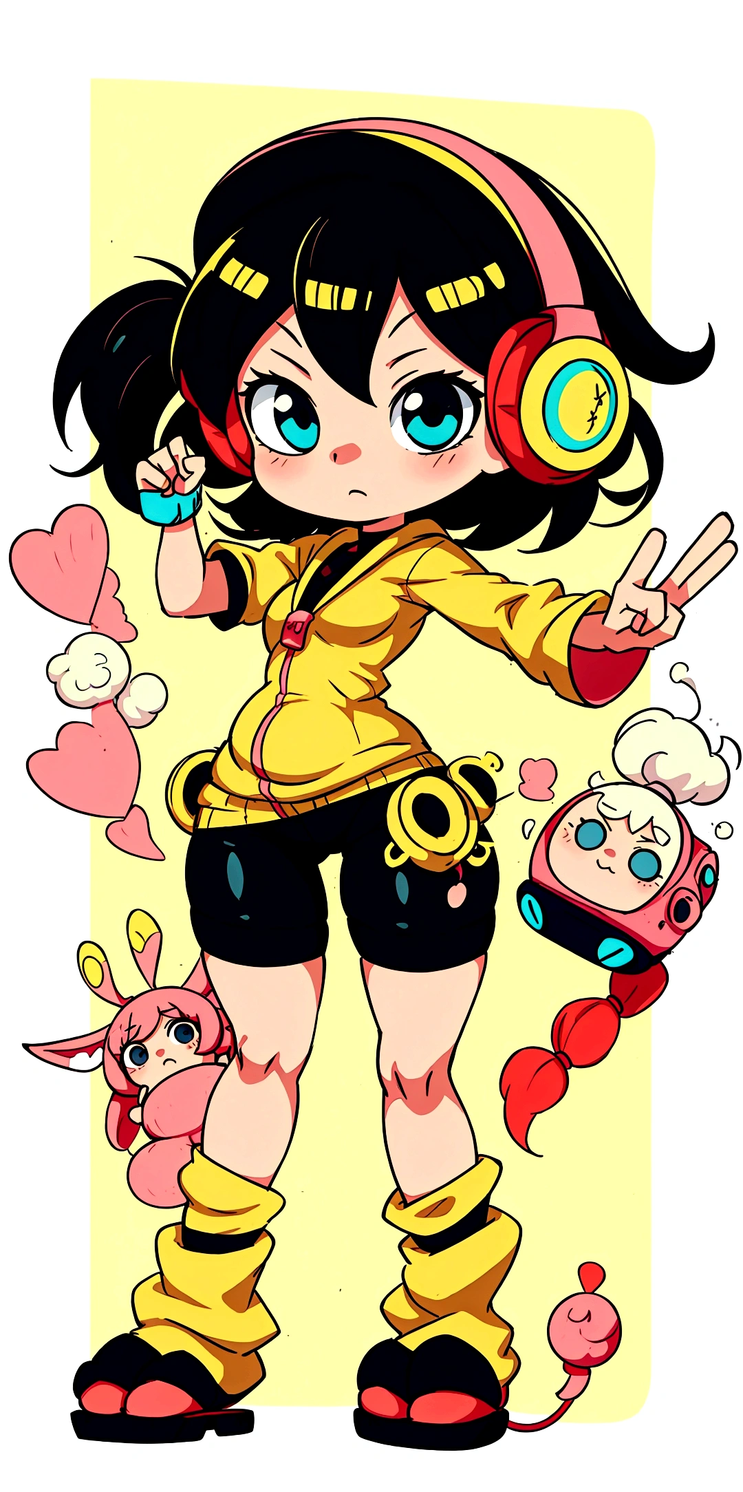 cartoon girl with headphones and a tablet pointing at something, full body!, in an anime style, full_body!!, ecchi anime style, with headphones, with head phones, chibi style, cel shaded!!!, unknown artstyle, thicc, jaidenanimations, chibi, anime moe artstyle, holding a pudica pose